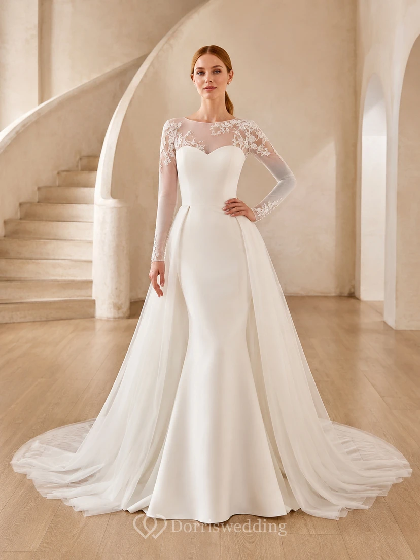 Robe de mariée bateau à manches longues en satin fleuri, coupe trapèze, traîne chapelle modeste