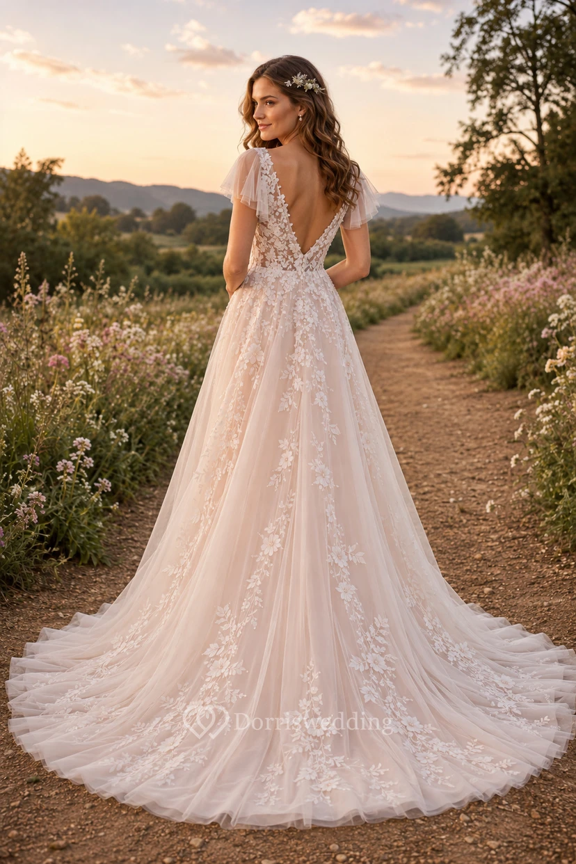 Vestido de novia de corte A con apliques en rosa empolvado y cola de tul view 2