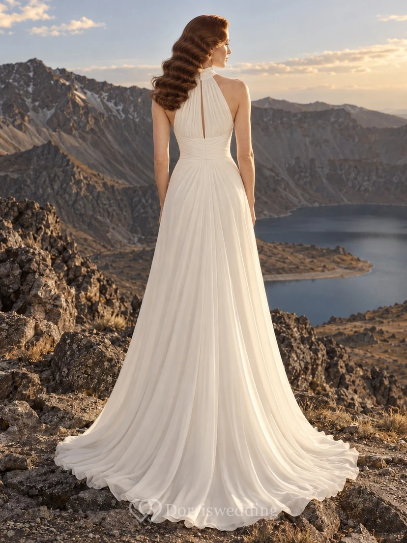 Brautkleid aus Georgette mit hohem Kragen und Neckholder, plissiertem Oberteil und fließender A-Linien-Schleppe view 2