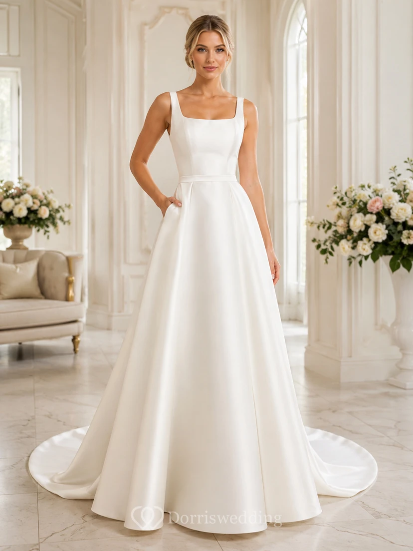 Brautkleid aus Satin, A-Linie, trägerlos, mit Kapellenschleppe