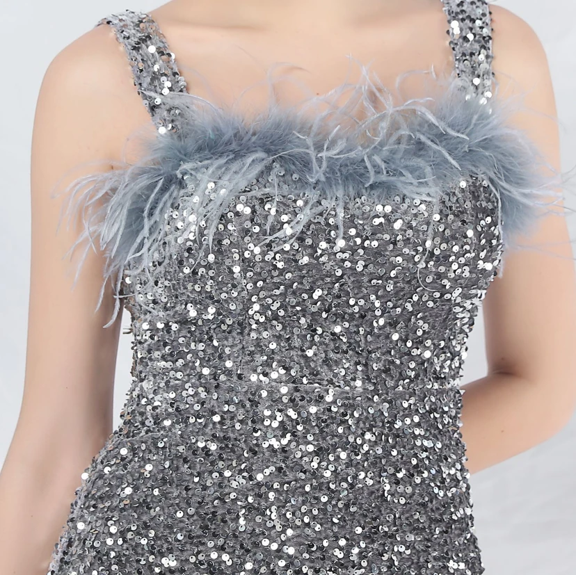 Craft Ostrich Feather Velvet Sequined Evening Dress view 36