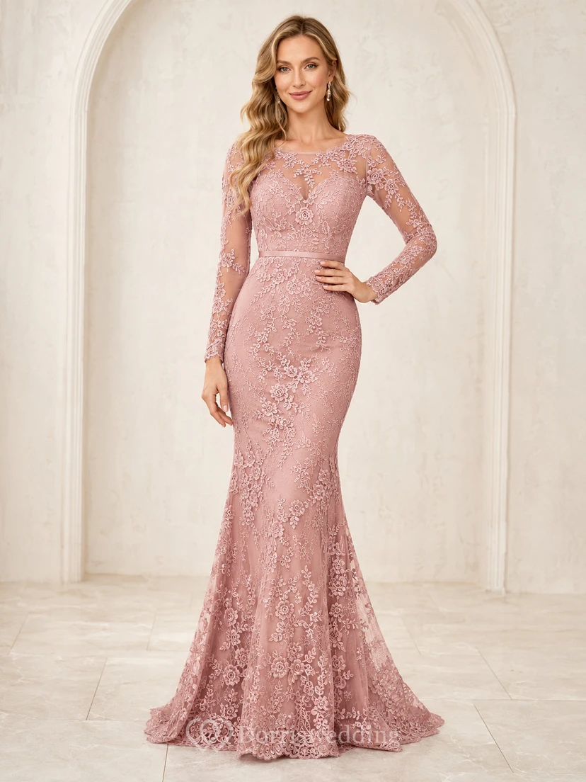 Elegantes, hochgeschlossenes Meerjungfrauen-Abendkleid aus Spitze in Altrosa mit Illusionsärmeln und hohem Kragen