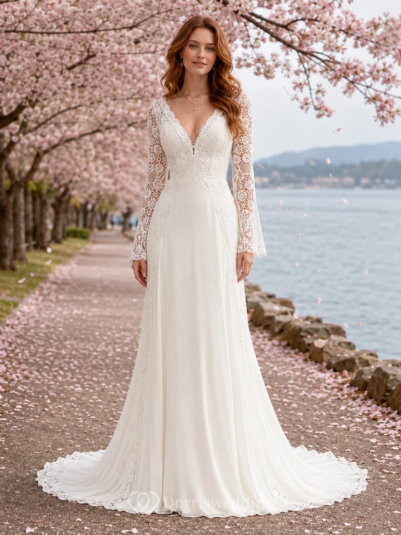 Brautkleid mit V-Ausschnitt, Spitzenärmeln und Kirschblütenmuster