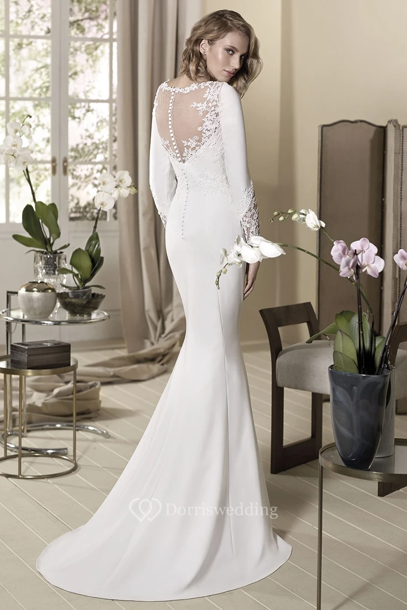 Sheath Long-Sleeve High-Neck Appliqued Floor-Length Jersey Wedding Dress view 2