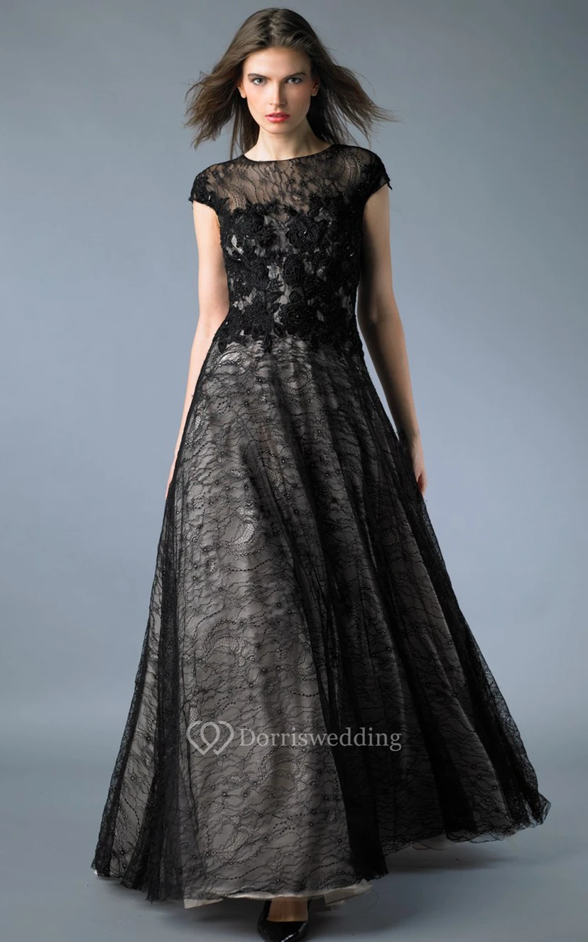 A-line Floor-length High Neck Short Sleeve Lace Illusion Dress view 19