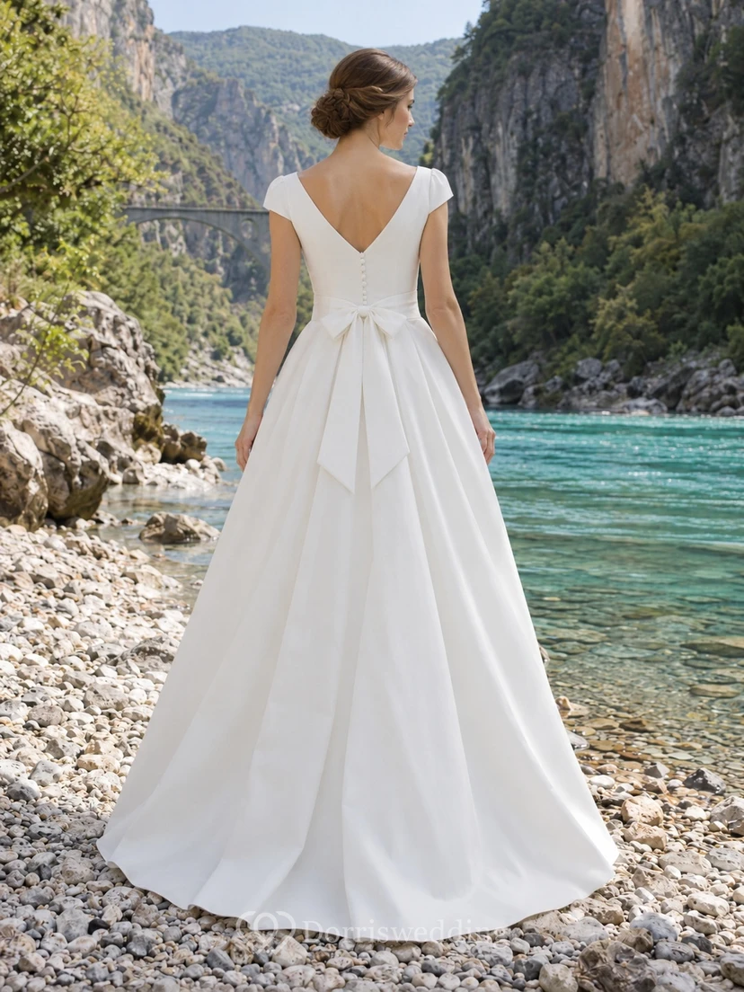 Vestido de novia sencillo de corte A con escote en V, mangas cortas y espalda ladeada con pliegues. view 2