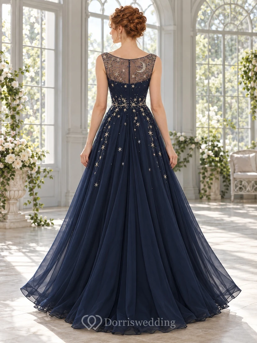 Dark Navy Moon Embroidered Illusion Neck A-line Evening Gown view 2