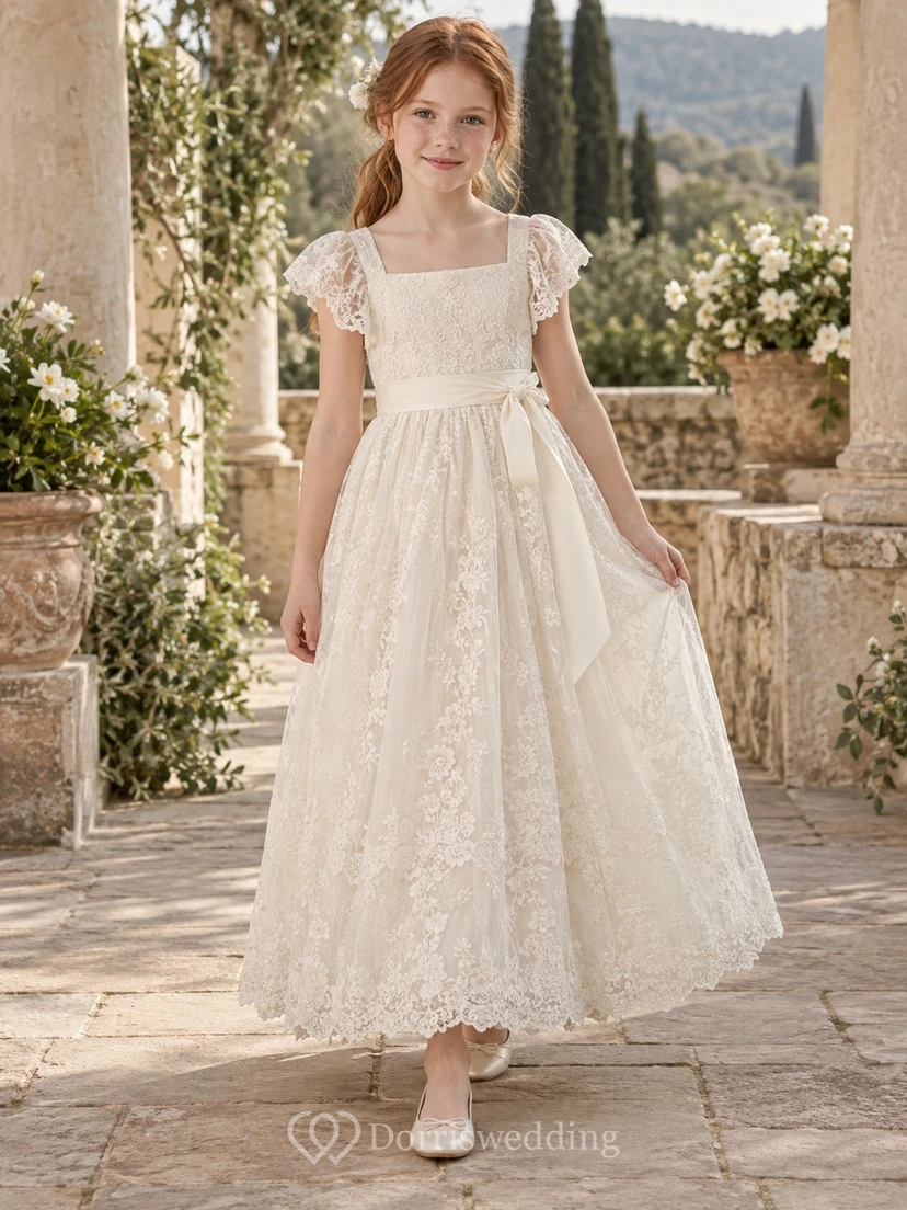Vestido de niña de flores de corte A, con escote cuadrado, estampado floral en color marfil, encaje y mangas con volantes, largo hasta los tobillos.