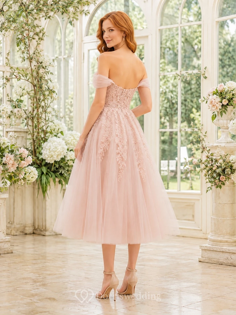 Blush Lace Off-the-shoulder Short Sleeve Tulle A-line Tea-length Cocktail Dress view 2