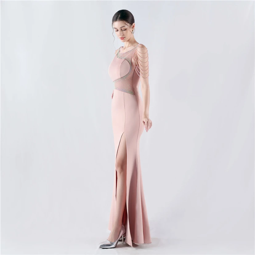 Heavy Hot Diamonds For Transparent Mesh High-Slit Satin Evening Dress Annual Meeting Wedding view 53