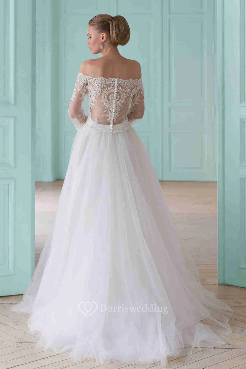 A-Line Beaded Off-The-Shoulder Long-Sleeve Tulle Wedding Dress With Lace And Illusion view 2