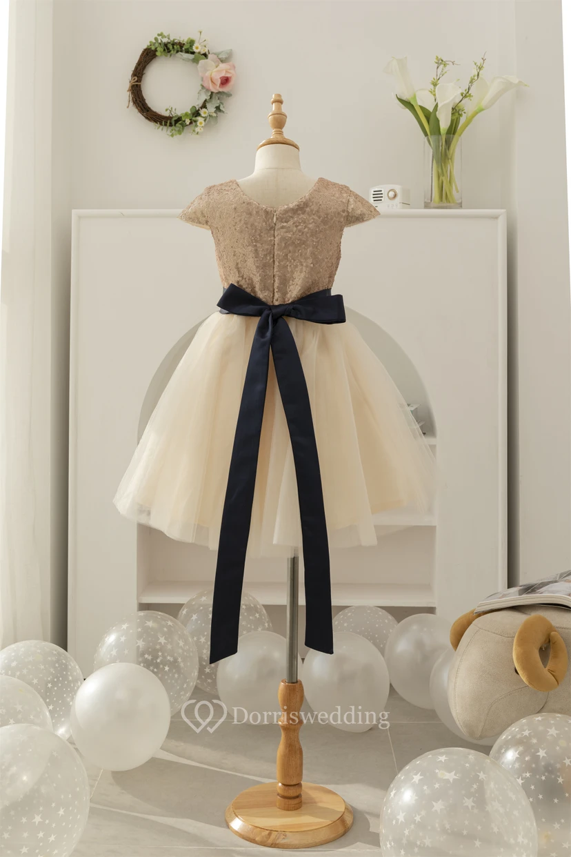 Cap Sequin Tulle Skirt A-line Flowergirl Dress with Ribbon Bow view 9