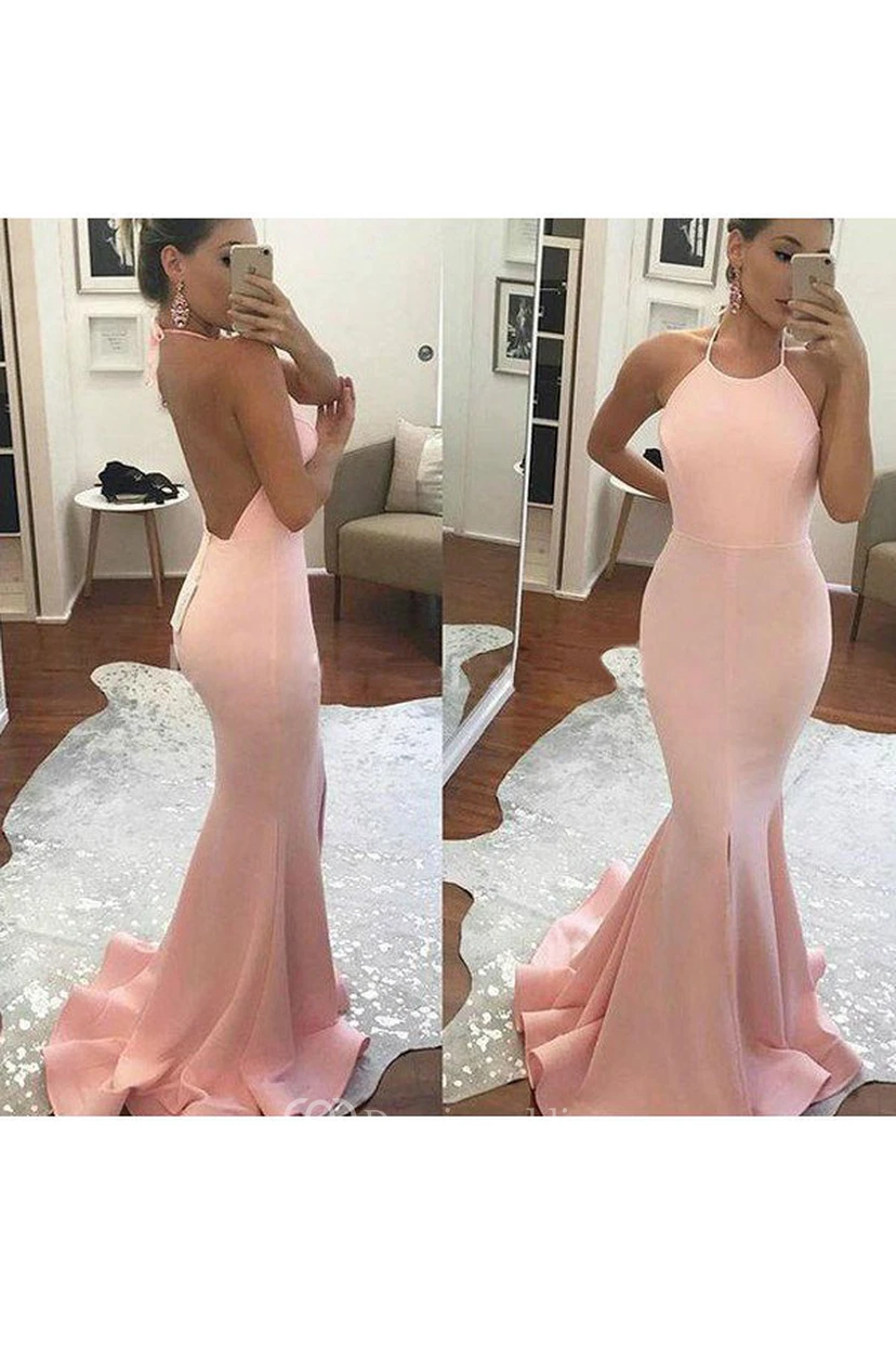 Mermaid Trumpet Satin Halter Sleeveless Open Back Deep-V Back Dress