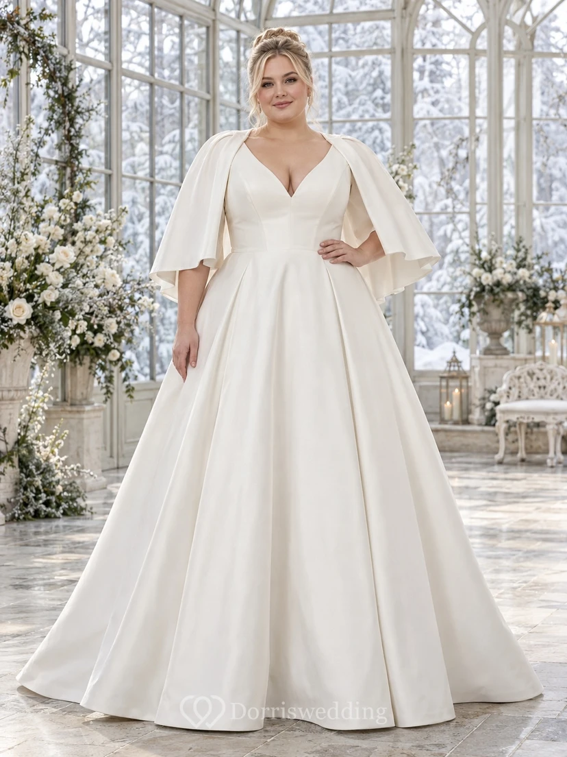 Robe de mariée grande taille simple en satin, col V, manches cape, coupe trapèze, col en V, manches cape