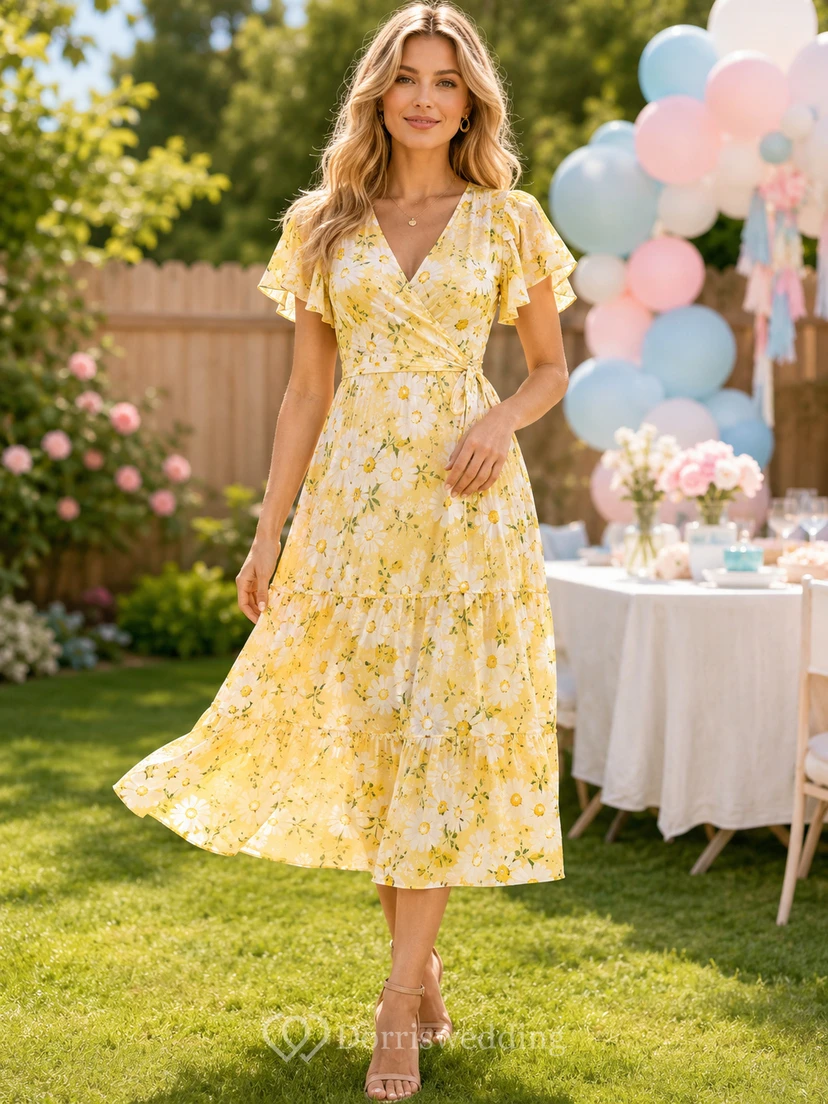 Yellow floral V-neck flutter sleeve garden A-line midi dress