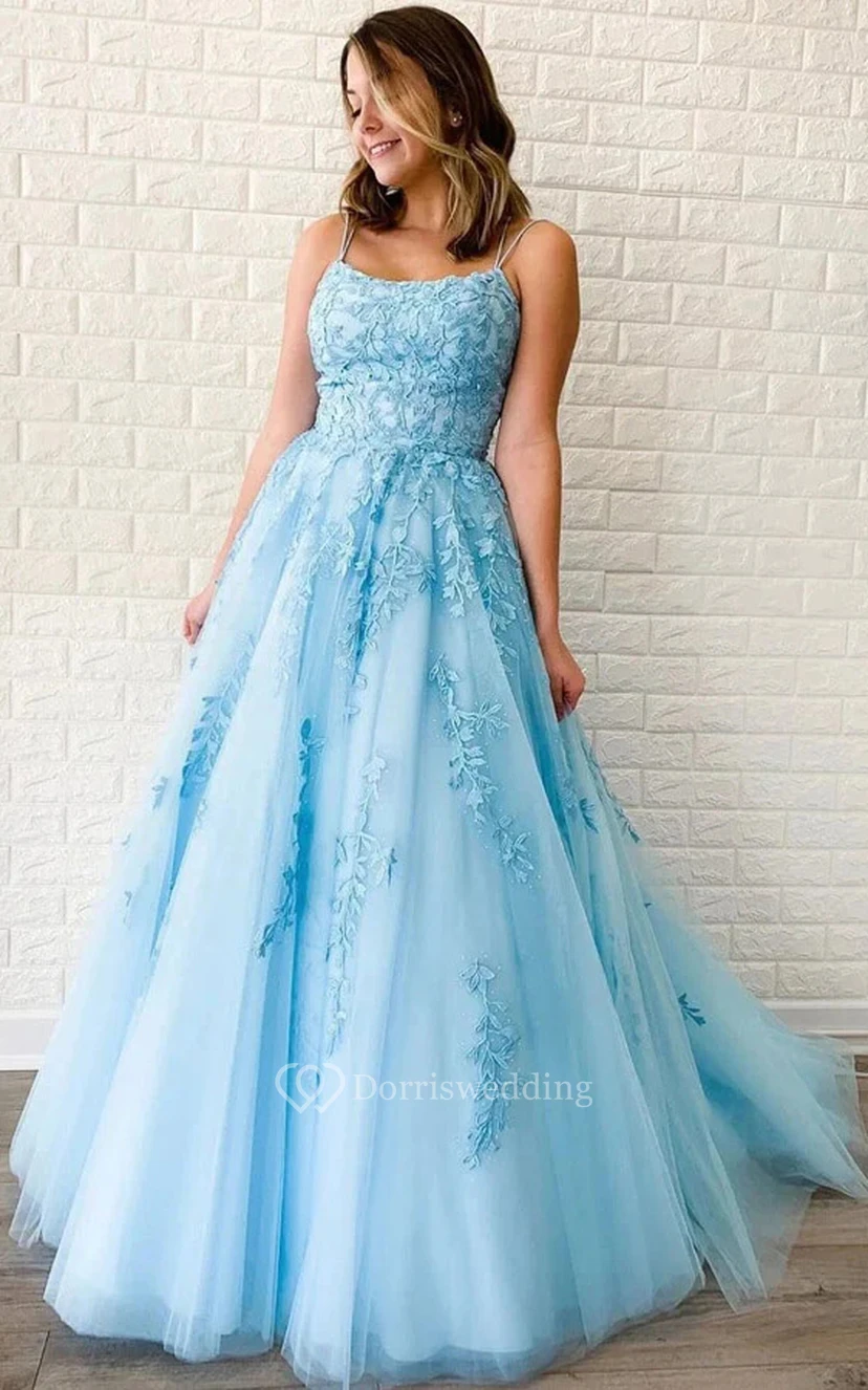 Spaghetti-Weißes Empire-Kleid in A-Linie mit Spitzenapplikationen und Tüll view 5