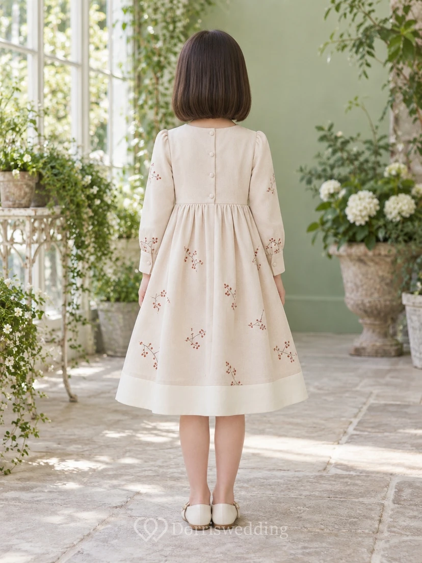 Schlichtes, schlichtes, langärmeliges, cremefarbenes A-Linien-Kleid für Blumenmädchen mit Bündchen aus Schmucksteinen, dezentem Beerenmuster, gerafftem Saum und Teelänge. view 2