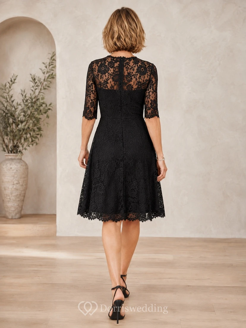 Black Elegant Square Lace Three-Quarter-Sleeve A-Line Knee-Length Formal Dress view 2
