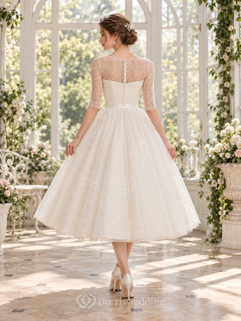 Vintage Tea-Length Bateau Elbow Sleeve Dotted Tulle Wedding Dress view 2