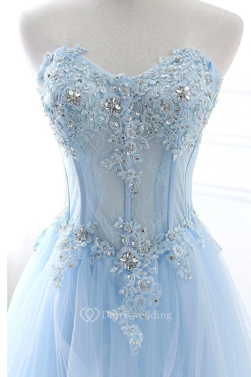 Light Blue Strapless Floral Ball Gown with Ruffles view 5