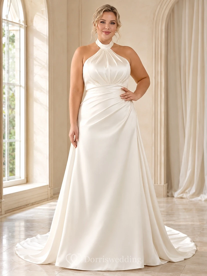 Vestido de novia formal sencillo con escote halter y corte en A, talla grande.