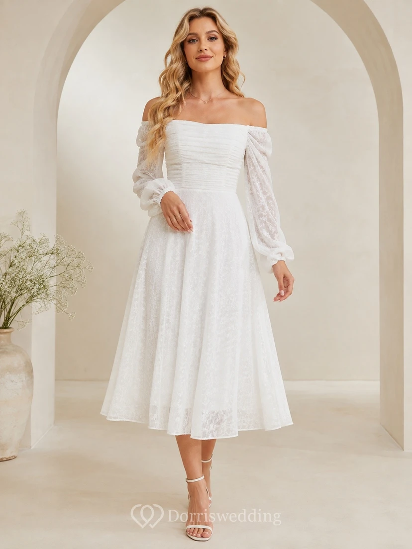Vestido de novia de encaje de corte A, manga larga, hombros descubiertos, estilo modesto, largo hasta la rodilla