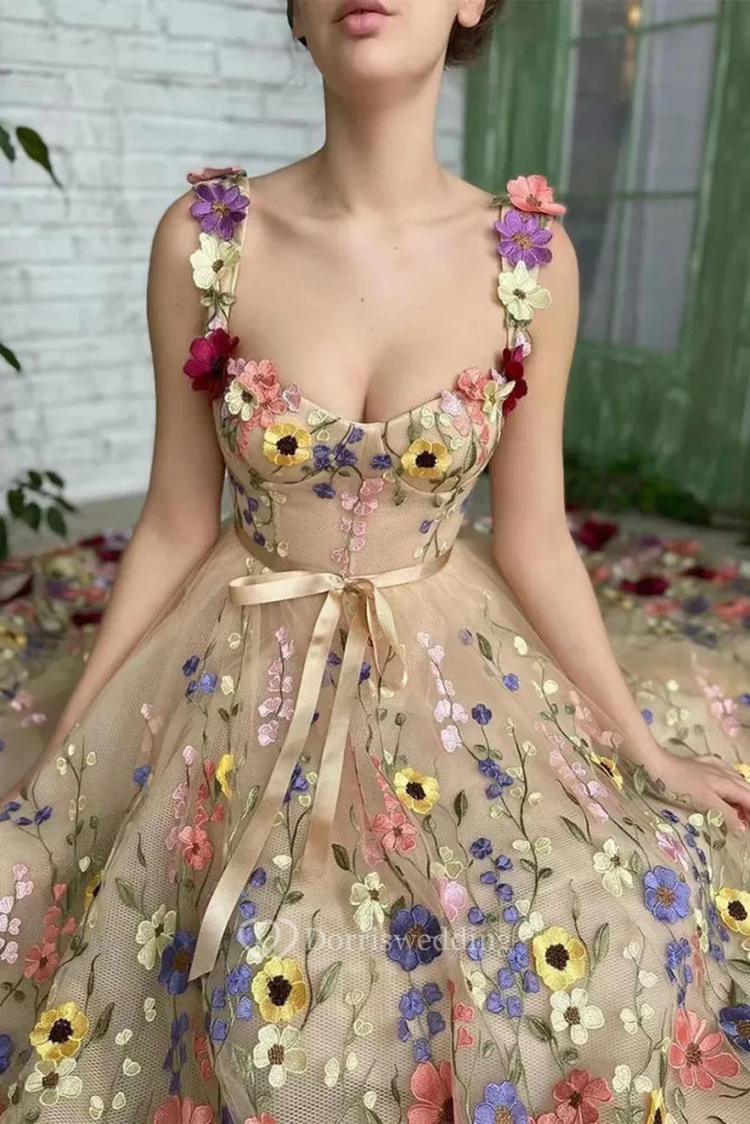 Beige Floral Embroidered Tulle Gown with Ribbon Belt view 2