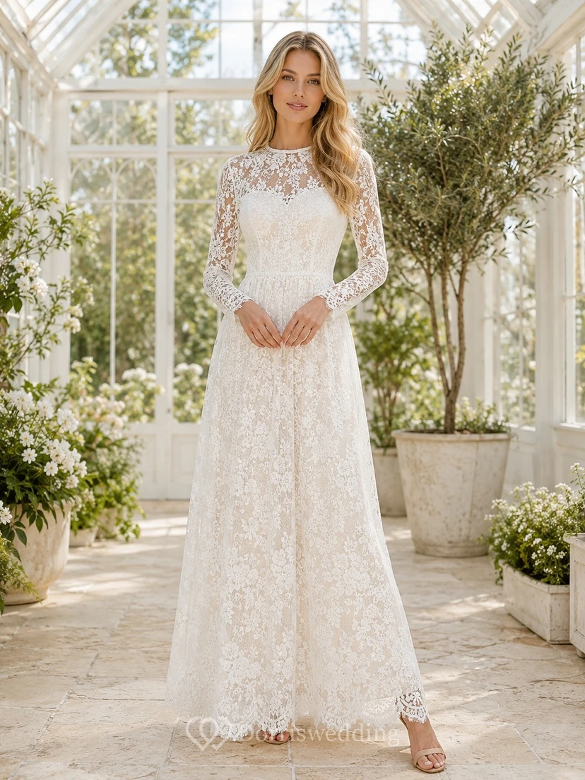 Vestido de novia blanco de manga larga, corte barco, silueta en A, encaje, largo hasta el suelo.