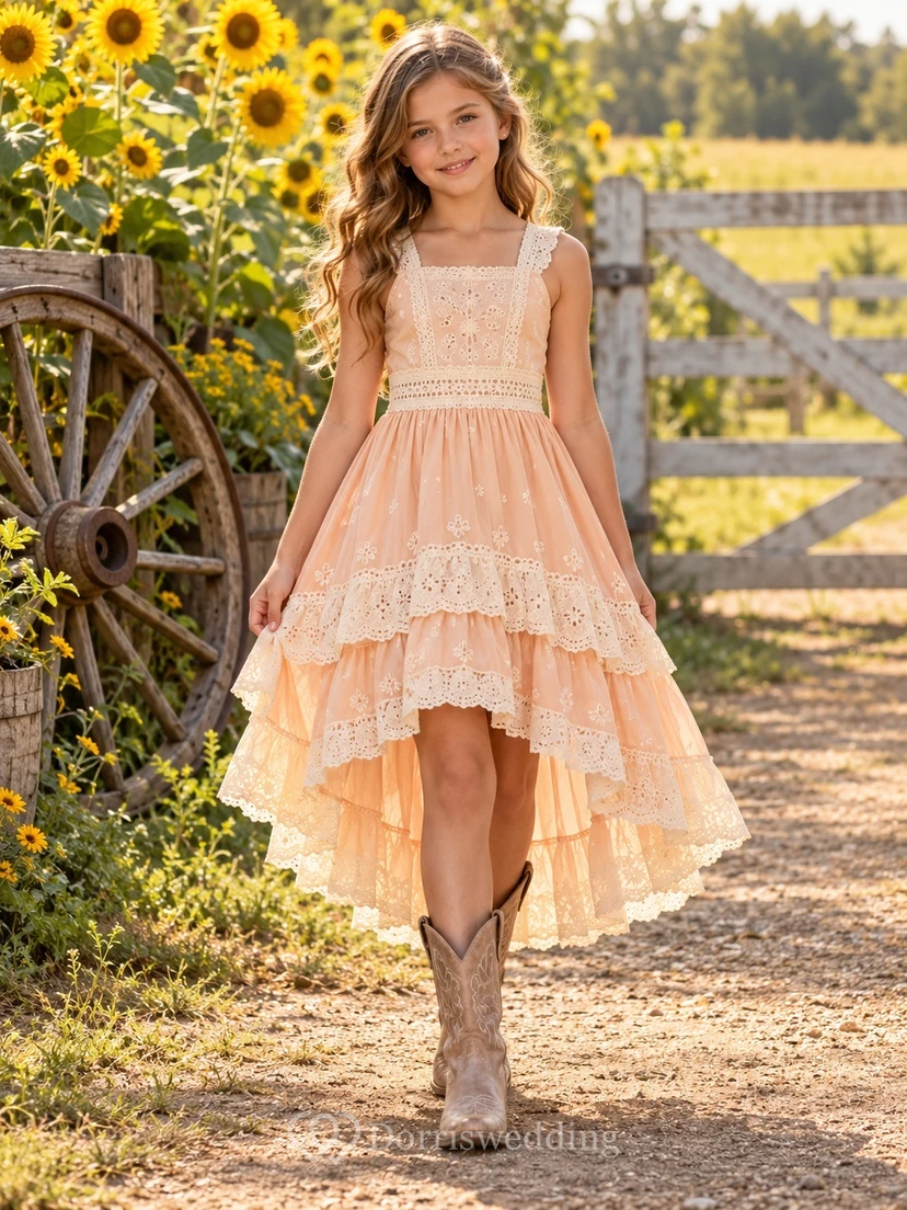 Western Papaya Square Neck Lace High-Low Tiered Flower Girl Dress