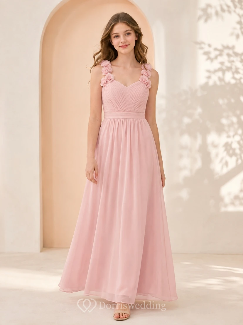Zartrosa Brautjungfernkleid für junge Frauen, A-Linie, herzförmig, ärmellos, Chiffon, mit floralen Details, romantisch