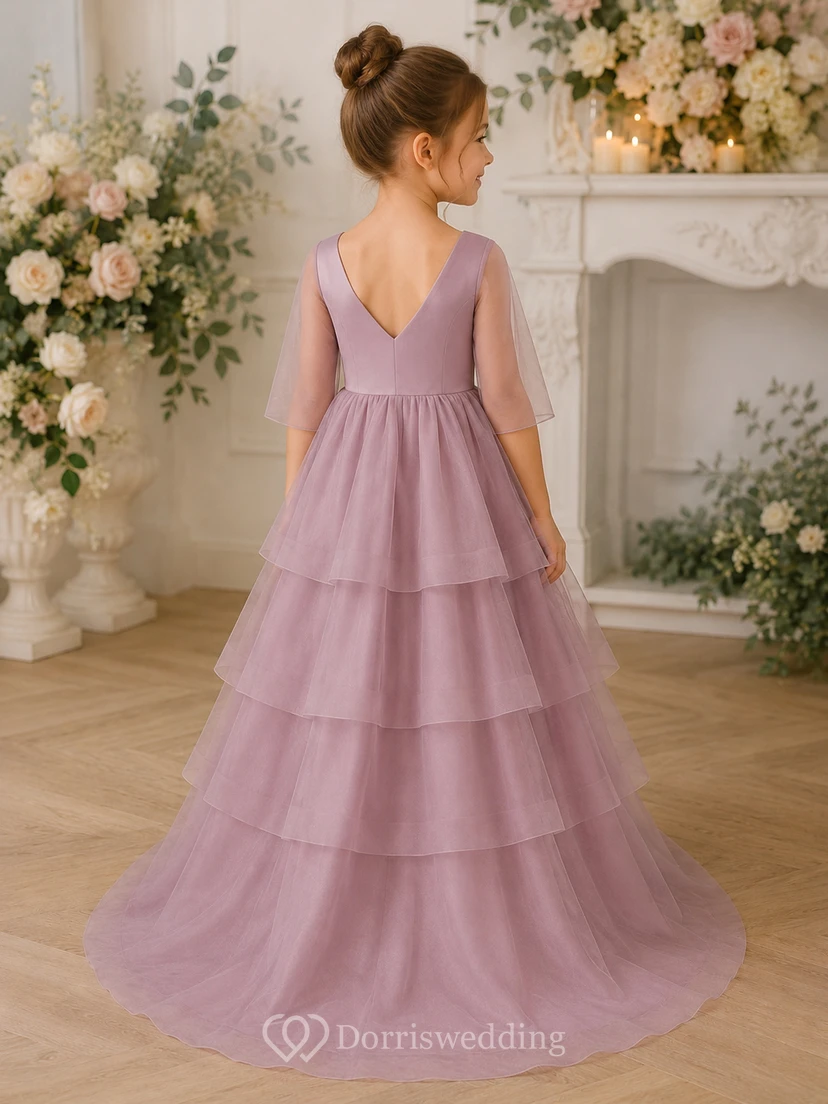 V-neck Illusion Half-sleeve Tiered A-line Flowergirl Dress with Sweep Train view 2