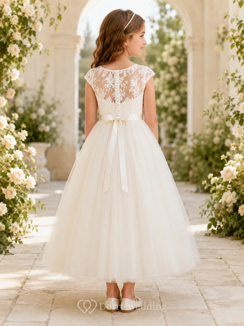 Elegant Cap Sleeve Lace A-Line Tea-Length Flower Girl Garden Wedding Tulle Dress view 2