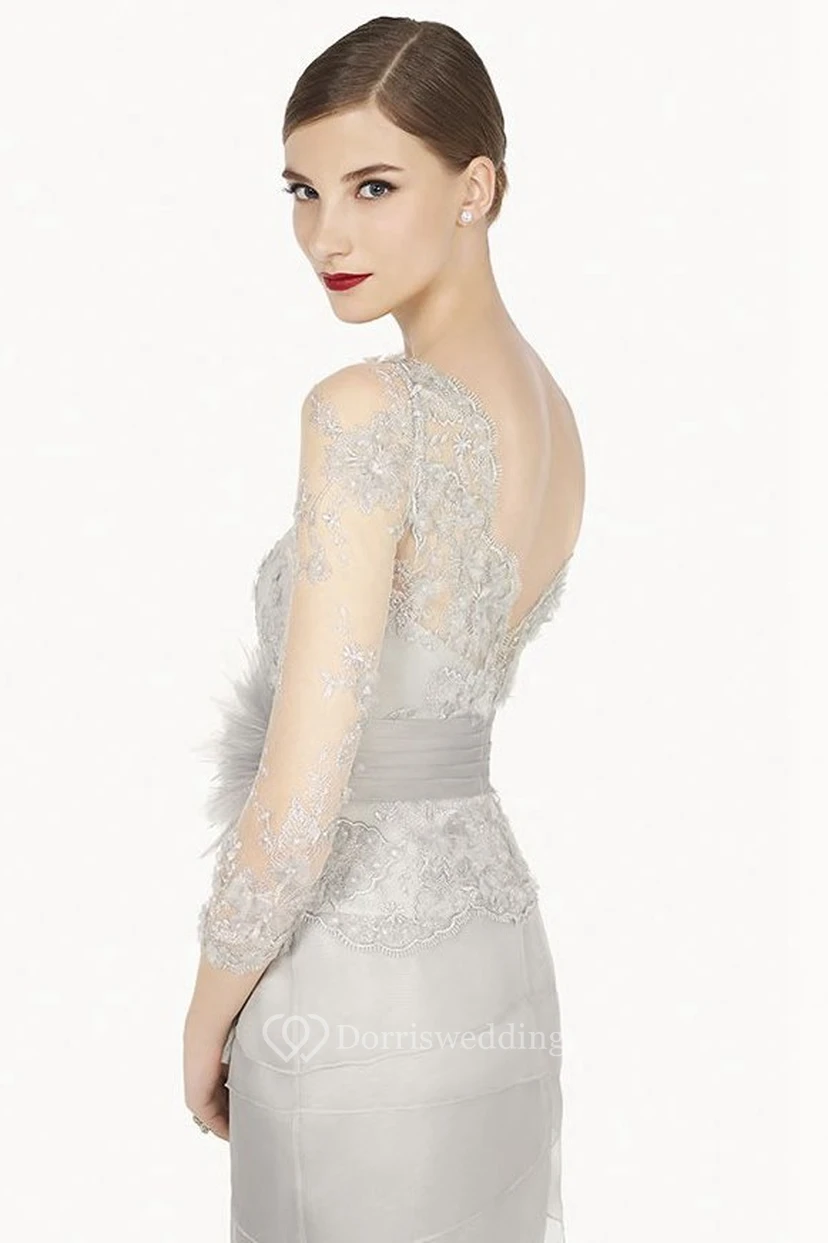 Sheath Jewel-Neck 3-4-Sleeve Appliqued Floor-Length Prom Dress With Beading And Flower view 2