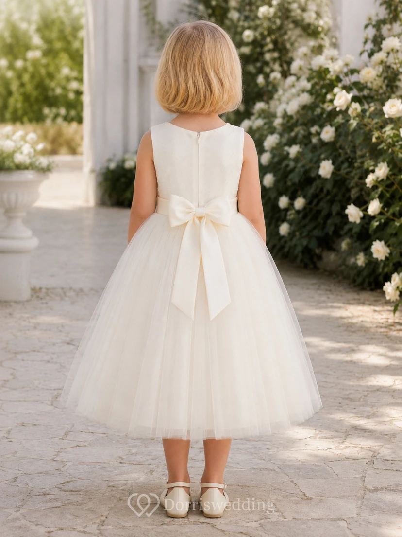 Klassisches A-Linien-Kleid aus Tüllspitze für Blumenmädchen mit kurzen Ärmeln, Rundhalsausschnitt, wadenlangem Rock und Schleifendetail. view 2