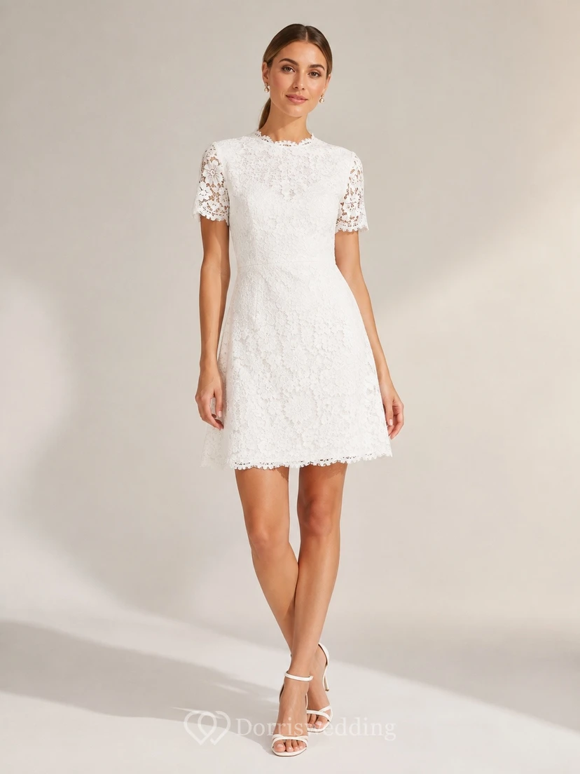 Vestido corto de encaje blanco de manga corta y cuello alto estilo A para invitada