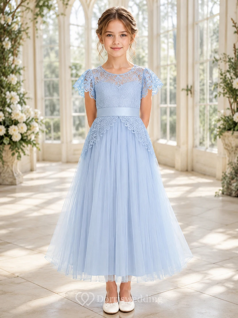 Blumenmädchenkleid, himmelblau, aus Spitze und Tüll, A-Linie, Rundhalsausschnitt, Teelänge