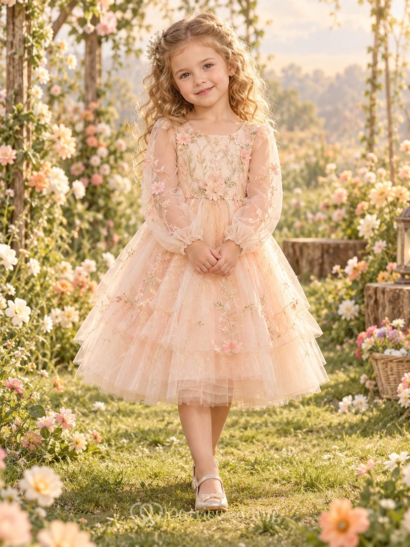 Fairy Long Sleeve Blush Floral Tiered Tulle Short Flower Girl Dress