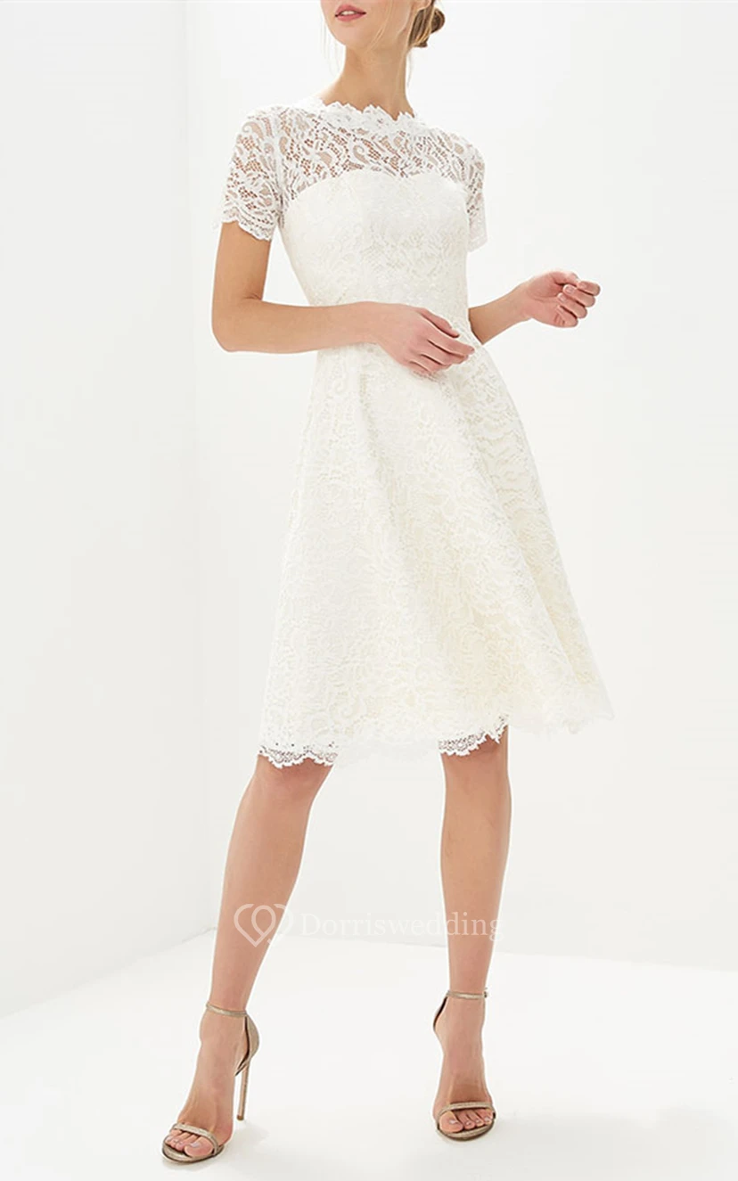 Robe de mariée décontractée en dentelle, coupe trapèze, longueur genou, col bijou, deux pièces