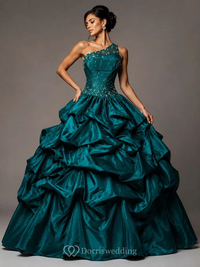 One-shoulder Ballgown With Ruffles and Beadings view 7