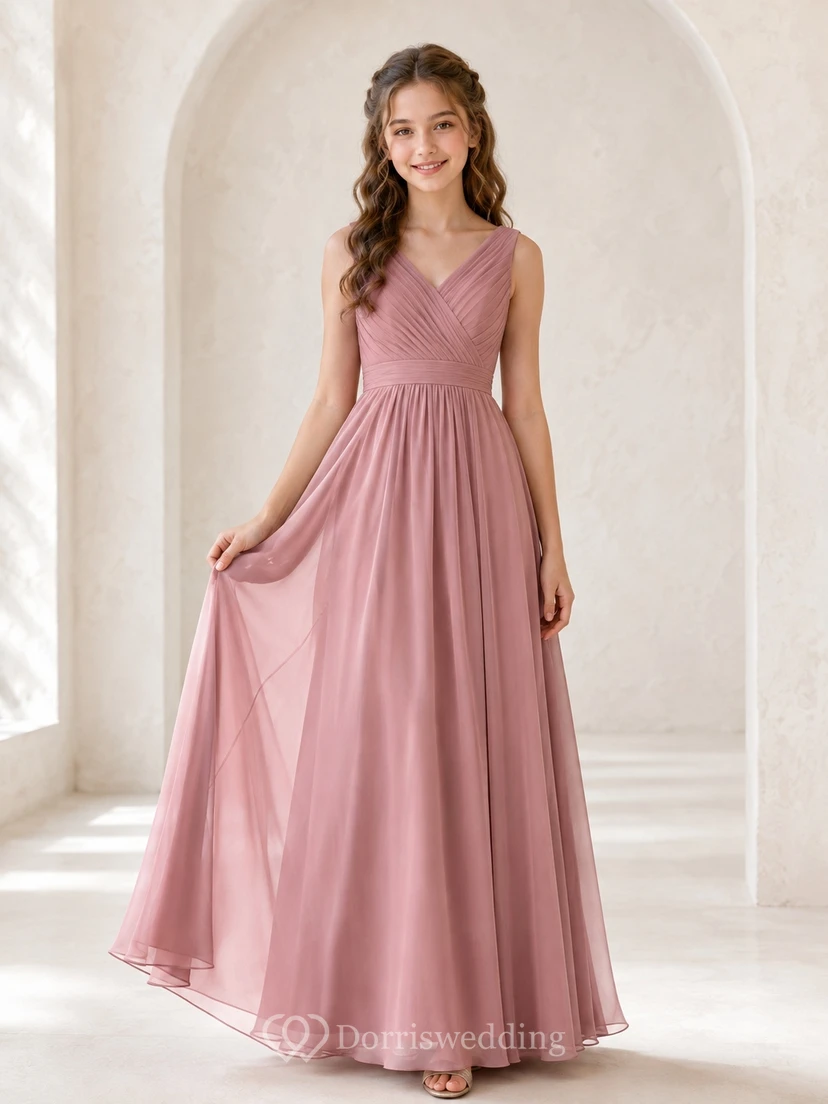 Blushing Pink Junior Bridesmaid Dress A-Line V-neck Sleeveless Chiffon Romantic