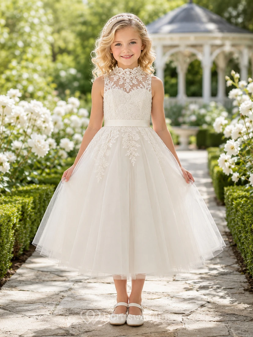 Elegante vestido de niña de flores de corte princesa, largo hasta la rodilla, con tul, encaje, cuello alto y apliques florales.