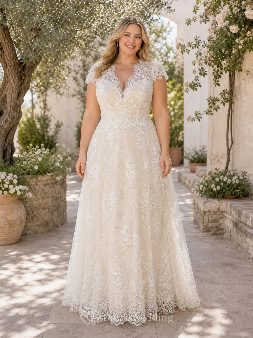 Vestido de novia de corte imperio con mangas cortas y espalda abotonada transparente. view 4