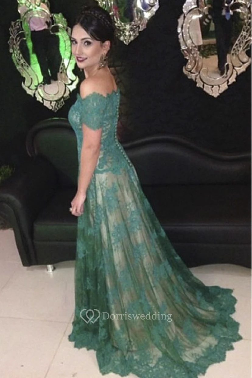 Scalloped Off-the-shoulder A-line Lace Long Dress With Short Sleeve view 3