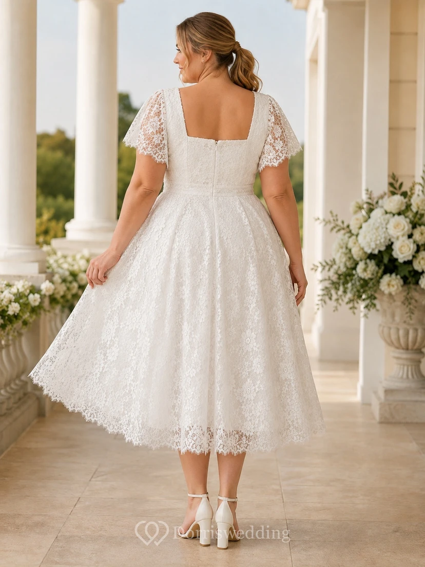 Romantisches Brautkleid in Übergröße mit Spitze, eckigem Ausschnitt, kurzen Ärmeln, A-Linien-Schnitt und Teelänge view 2