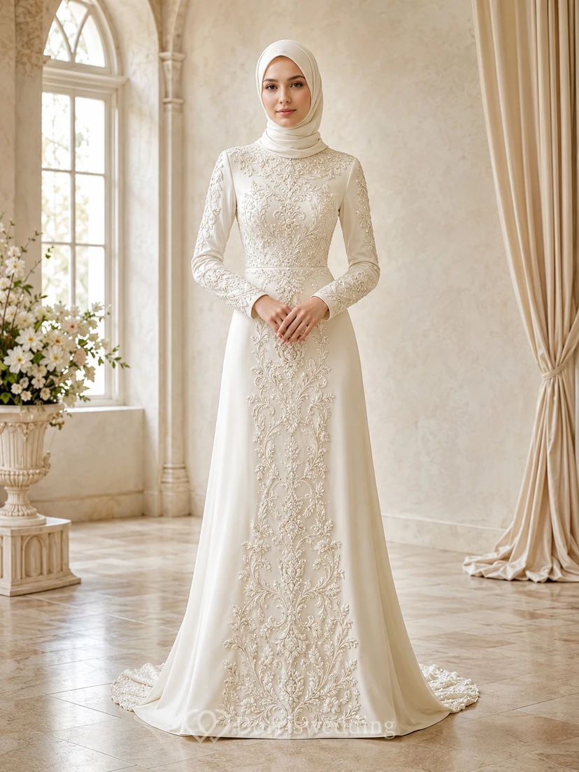 Schlichtes muslimisches, besticktes Etuikleid mit langen Ärmeln – Studio-Brautkleid
