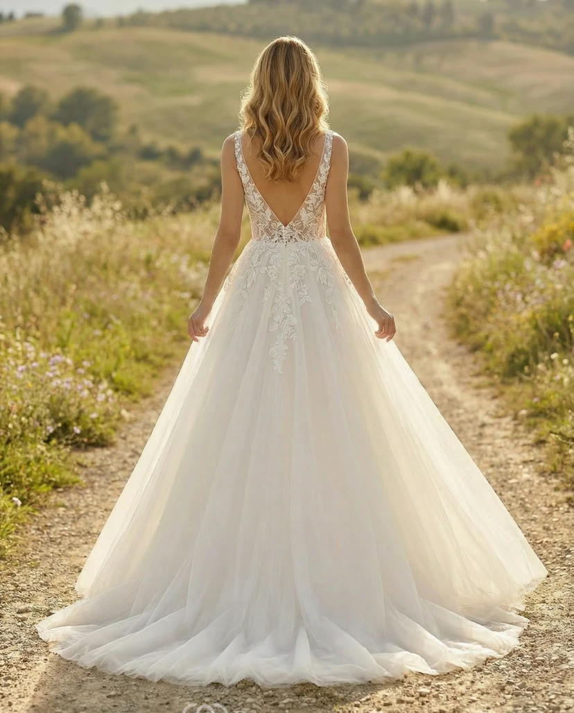 Vestido de novia de corte A con escote en V de encaje, falda de tul y apliques. view 2