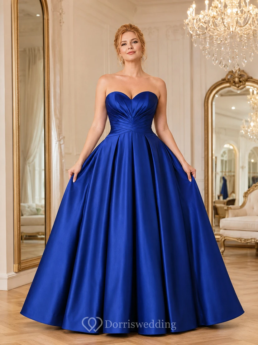 Royal blue strapless sweetheart satin ball gown with full skirt