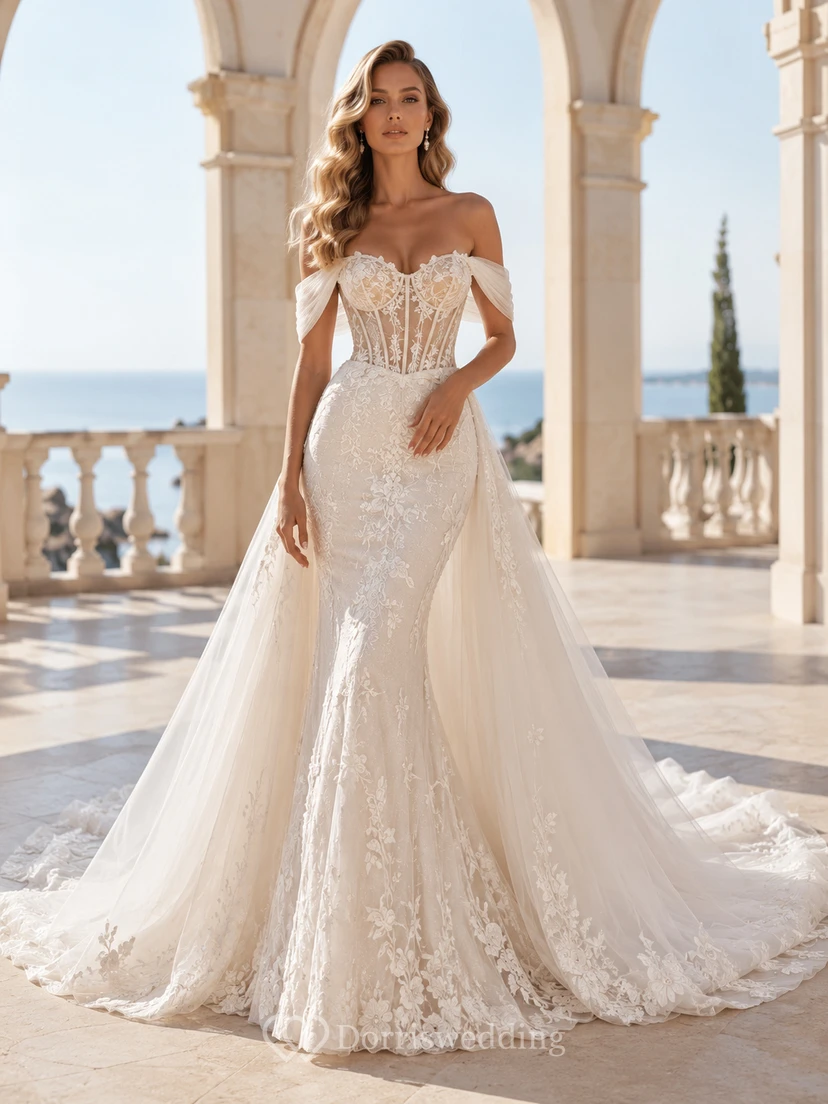 Robe de mariée sirène luxueuse en dentelle florale à épaules dénudées et manches courtes, ornée d'une traîne cathédrale festonnée, ornée d'une robe de mariée de luxe en dentelle florale à épaules dénudées et manches courtes.