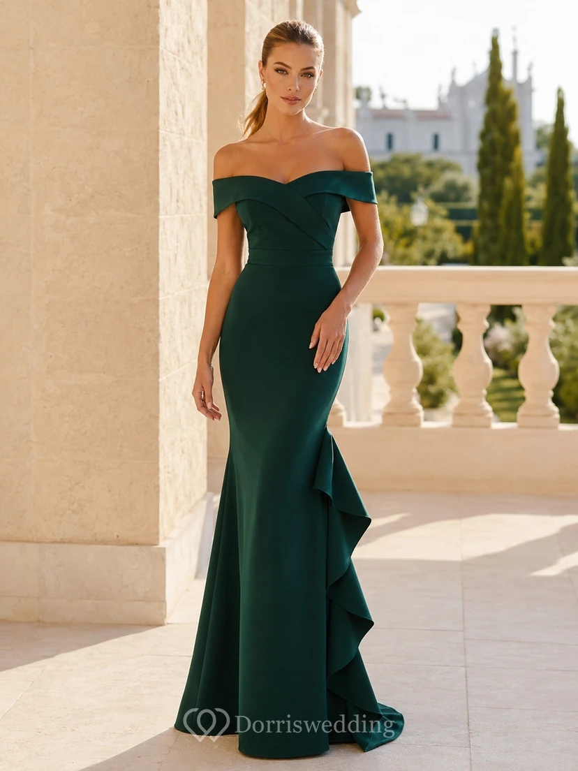 Emerald Off Shoulder Ruffled Mermaid Slit Formal Evening Gown