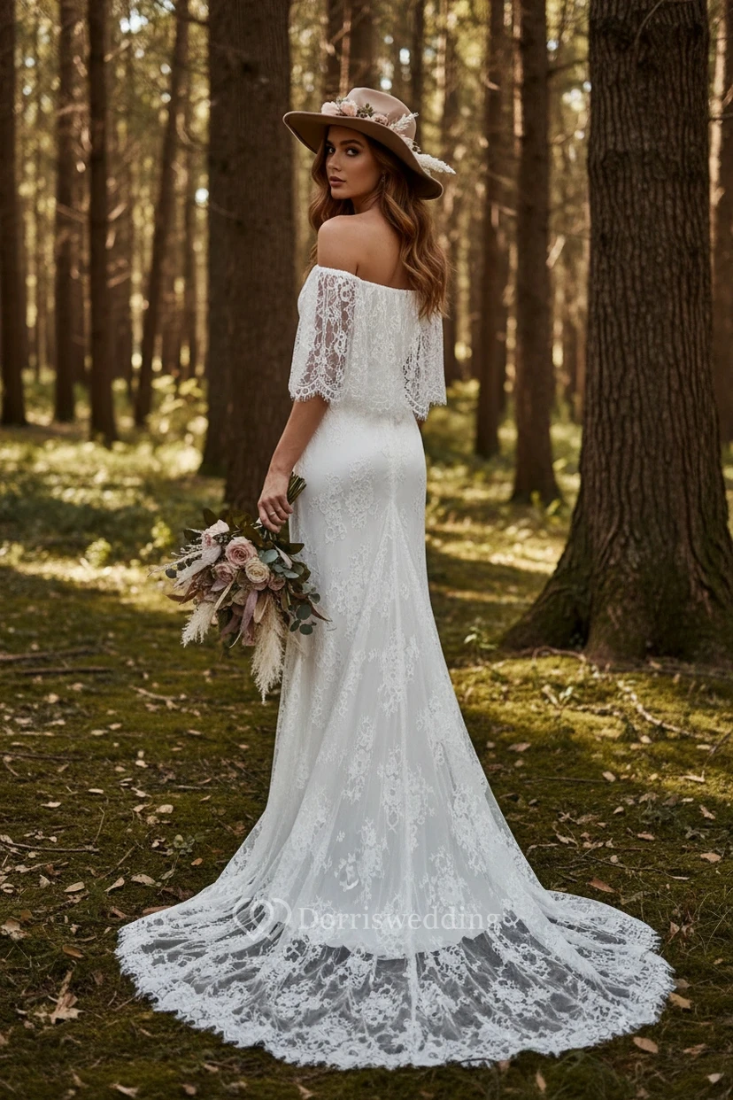 Robe de mariée sirène en dentelle à épaules dénudées, avec longue traîne et manches papillon